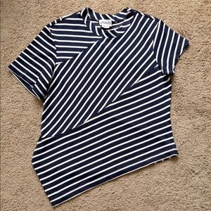 Monse Navy Blue White Striped Asymmetrical Short Sleeve T Shirt Top